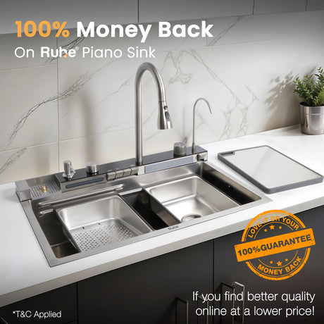 Piano Silver 304-Grade SS Smart Kitchen Sink with Integrated Waterfalls, Digital Display, Pull-Out & RO Faucet (30 x 18 x 9 Inches)