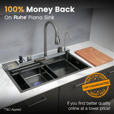 Piano Black 304-Grade SS Smart Kitchen Sink with Integrated Waterfalls, Digital Display, Pull-Out & RO Faucet (30 x 18 x 9 Inches)