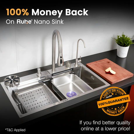 Nano Silver 304-Grade Smart Kitchen Sink with Integrated Waterfall, Pull-Out & RO Faucet  (30 x 18 x 9 Inches)