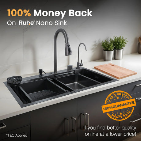 Nano Black 304-Grade Smart Kitchen Sink with Integrated Waterfall, Pull-Out & RO Faucet (30 x 18 x 9 Inches)